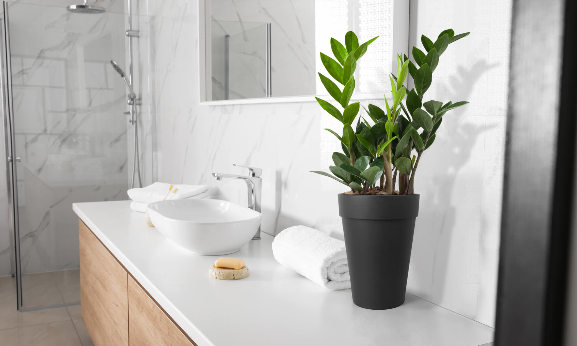 BABA ZEN GREY COLOUR TABLE TOP FLOWER POT IN BATHROOM