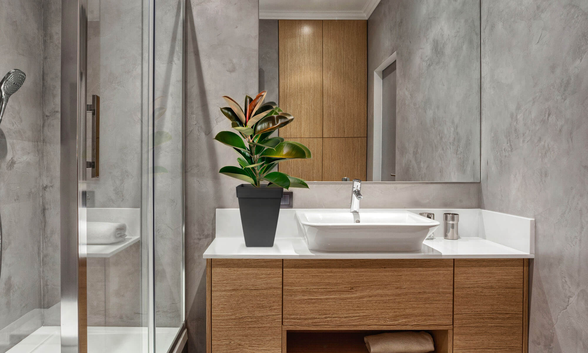 BABA ZEN GREY COLOUR TABLE TOP SQUARE FLOWER POT IN BATHROOM