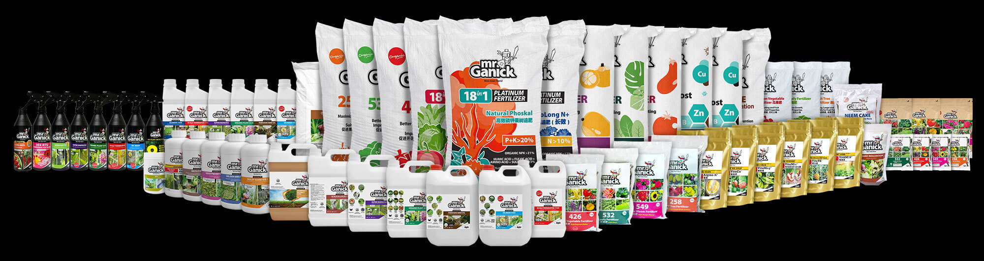 Mr Ganick full range of product, natural pesticides, organic fertilizer